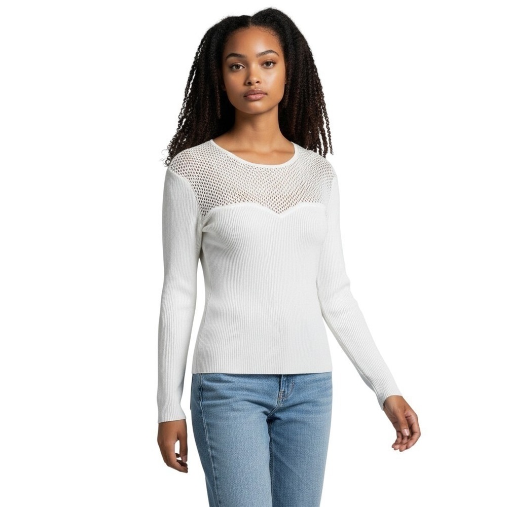 Catherine Malandrino White Ribbed Mesh Yoke Long Sleeve Top Size L Sheer Chic